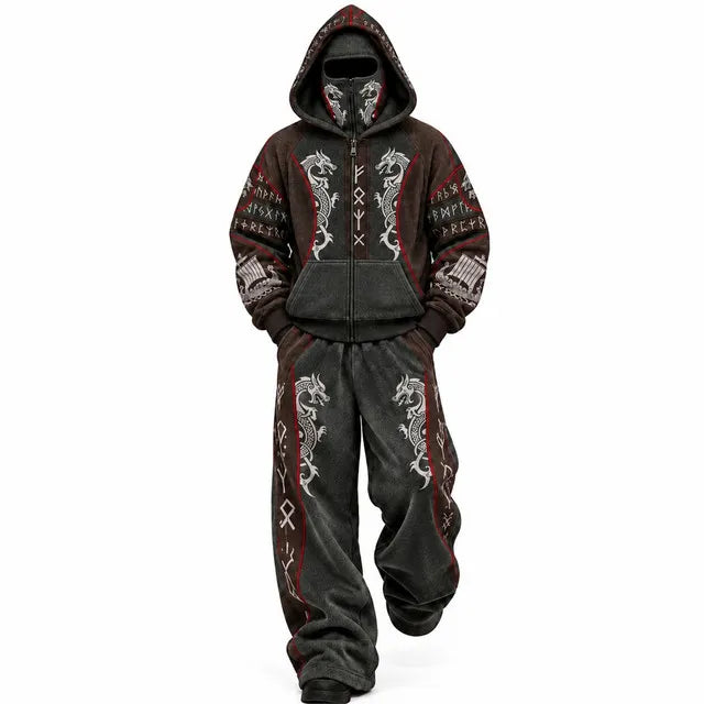 Brown Viking Dragon Rune Mask Hoodie Tracksuit Set