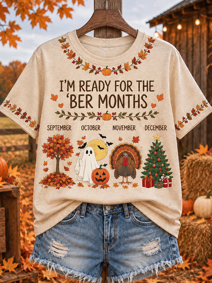 Women's "i'm Ready For The 'ber Months" Seasonal Foliage Ghost Turkey And Christmas Tree Graphic T-shirt