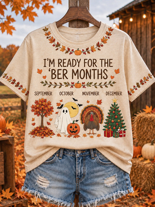 Women's "i'm Ready For The 'ber Months" Seasonal Foliage Ghost Turkey And Christmas Tree Graphic T-shirt