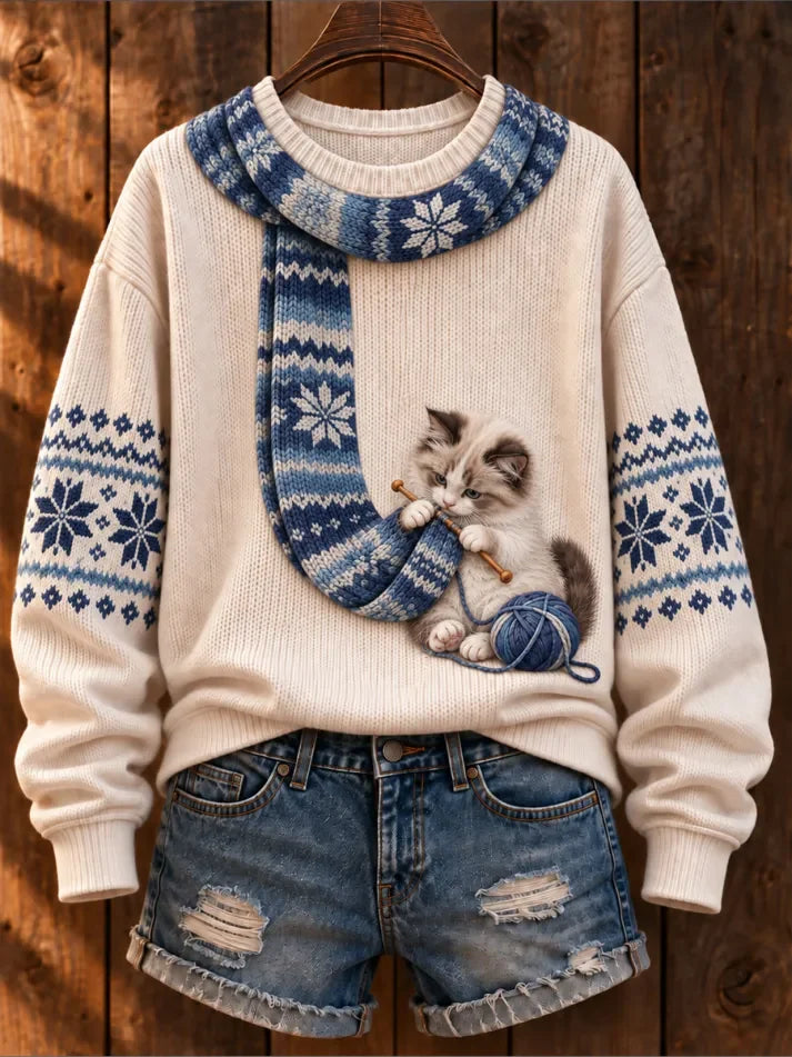Women's Cute Winter Cat Print Long-Sleeve Knit Top