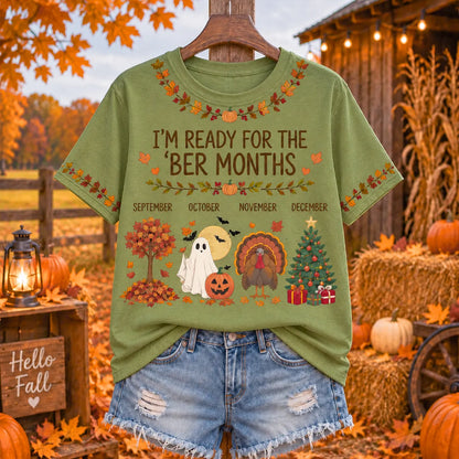 Women's "i'm Ready For The 'ber Months" Seasonal Foliage Ghost Turkey And Christmas Tree Graphic T-shirt