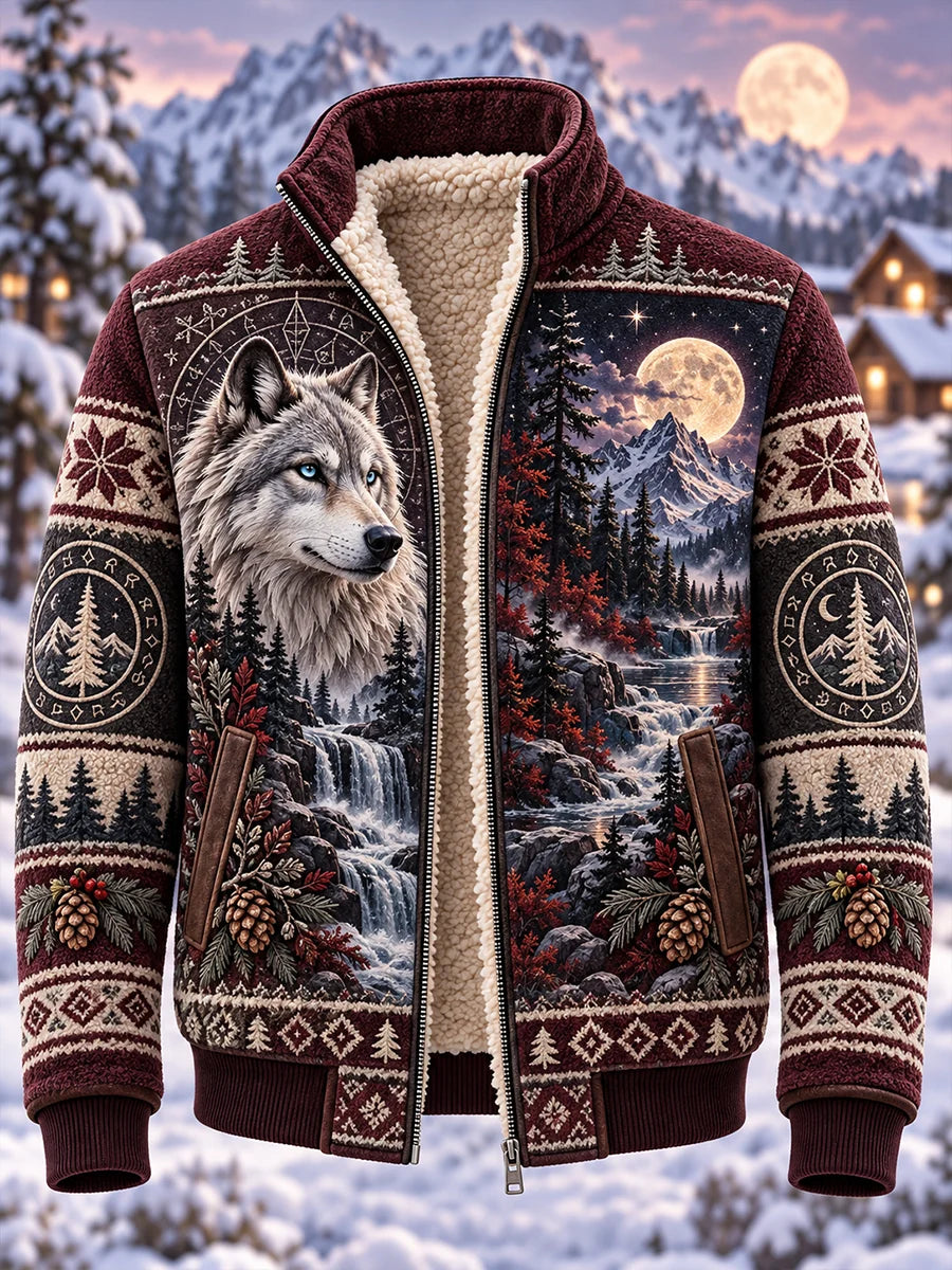 Men's Nordic Forest Animal Fleece-Lined Stand-Collar Jacket