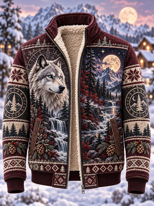 Men's Nordic Forest Animal Fleece-Lined Stand-Collar Jacket