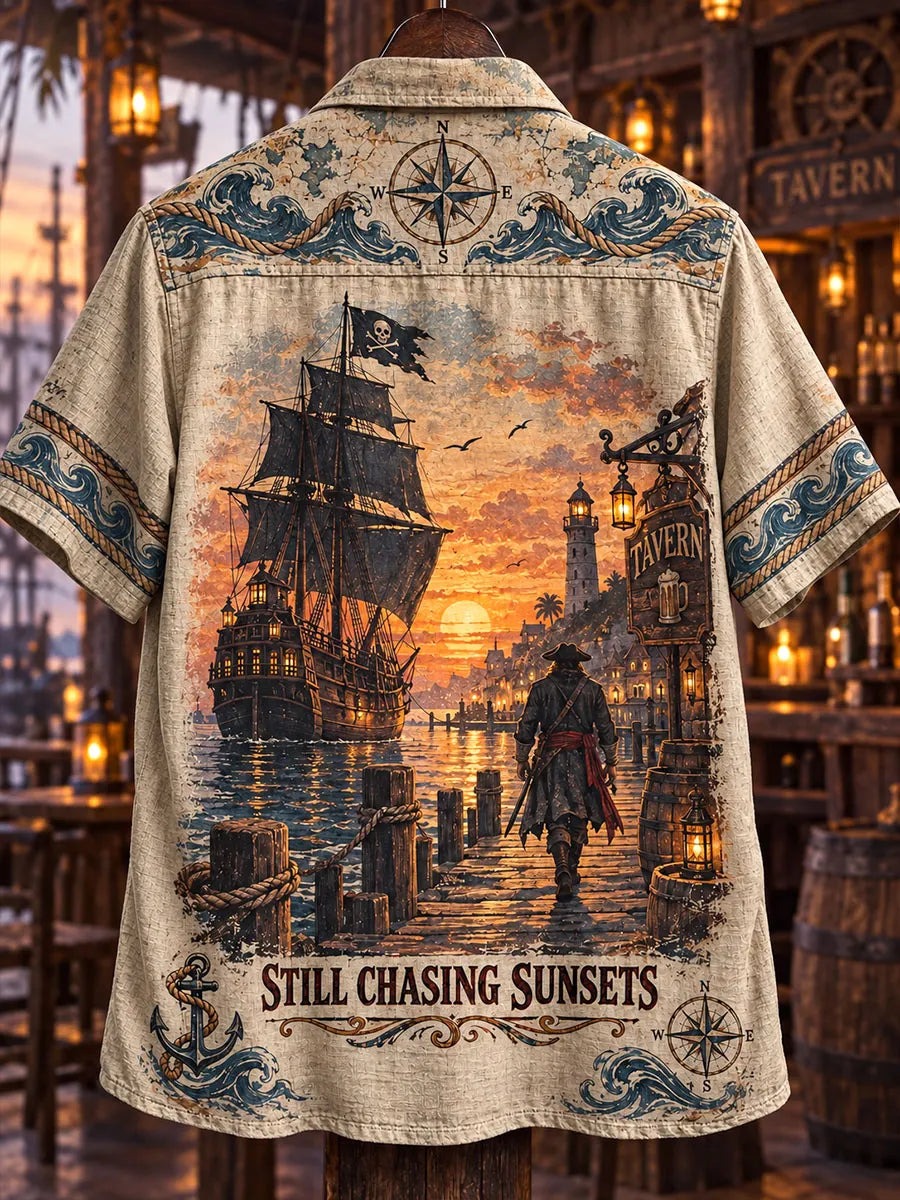 Men’s Vintage Sunset Harbor Pirate Ship Short Sleeve Shirt