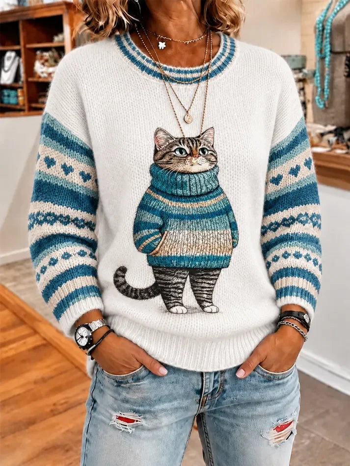 Women's Cute Winter Cat Print Long-Sleeve Knit Top