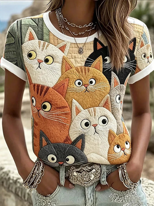 Women's Geometric Group Cat Printed Vintage Fashion Loose Short Sleeve T-Shirt