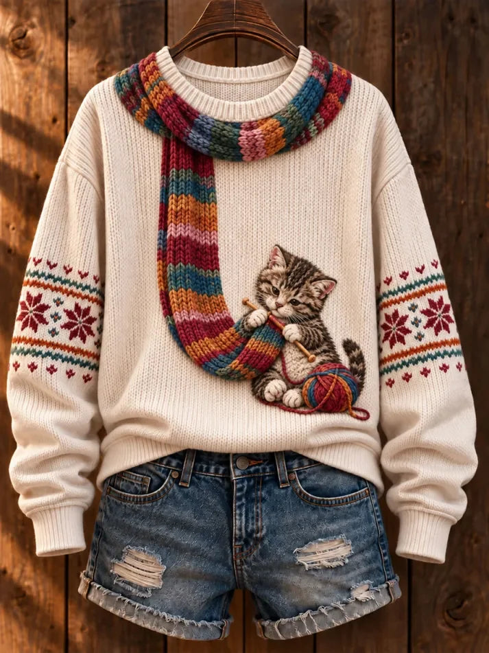 Women's Cute Winter Cat Print Long-Sleeve Knit Top