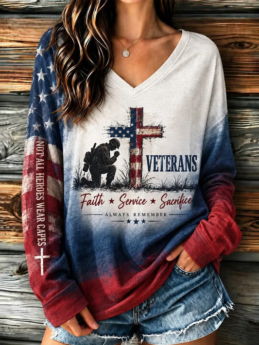 🎖️Women's U.S. Veterans Day Veteran Faith Art Print Casual Long-Sleeve T-Shirt