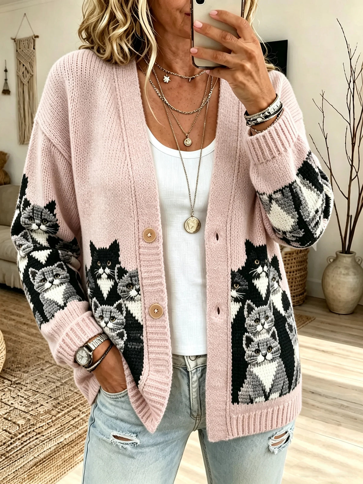 Women's Retro Cat Print Sweater Jacket