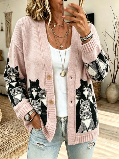 Women's Retro Cat Print Sweater Jacket