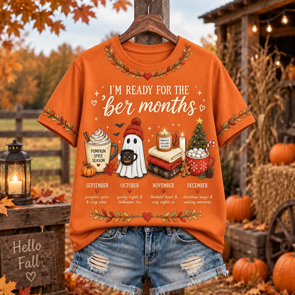 Women's "i'm Ready For The 'ber Months" Pumpkin Spice Ghost And Holiday Icons Graphic T-shirt