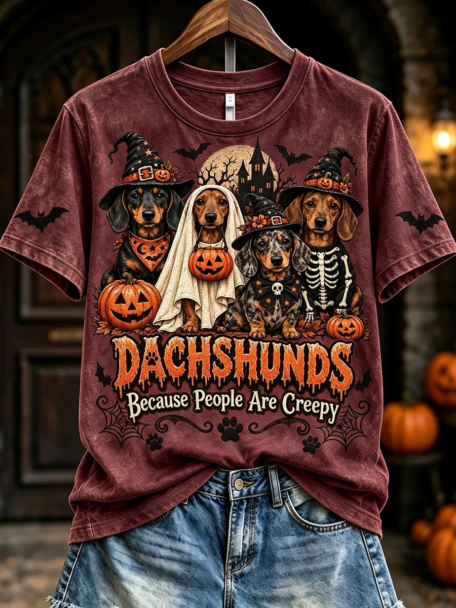 Women's Dachshunds Because People Are Creepy Halloween Print Short-sleeved T-shirt