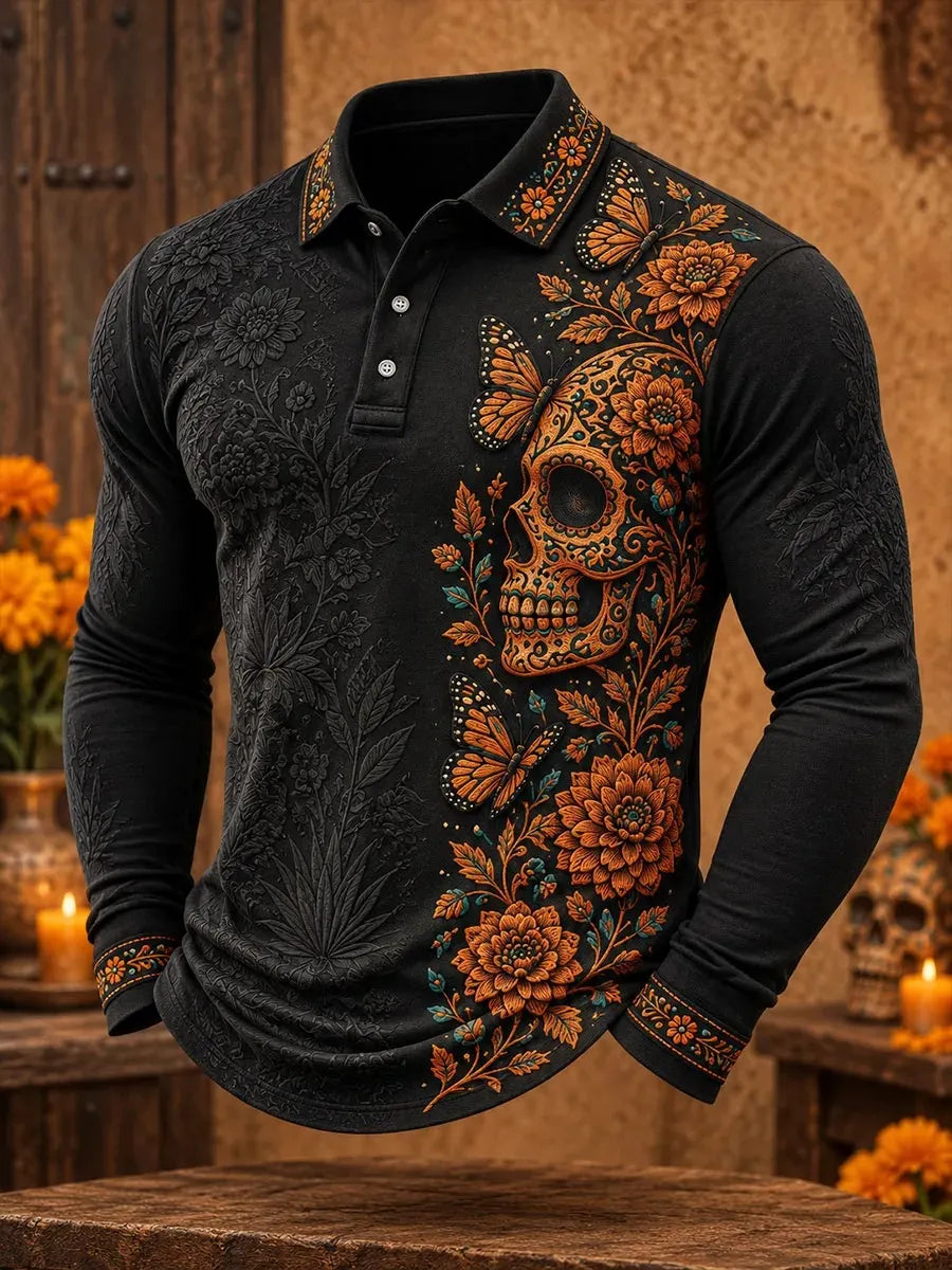 Men's Day Of The Dead Sugar Skull Butterfly Marigold Floral Print Long Sleeve Polo Shirt
