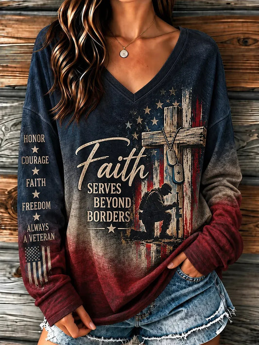 🎖️Women's U.S. Veterans Day Veteran Faith Art Print Casual Long-Sleeve T-Shirt