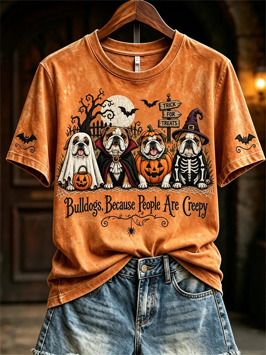 Women's Bulldogs Because People Are Creepy Halloween Dogs Print short-sleeved T-shirt