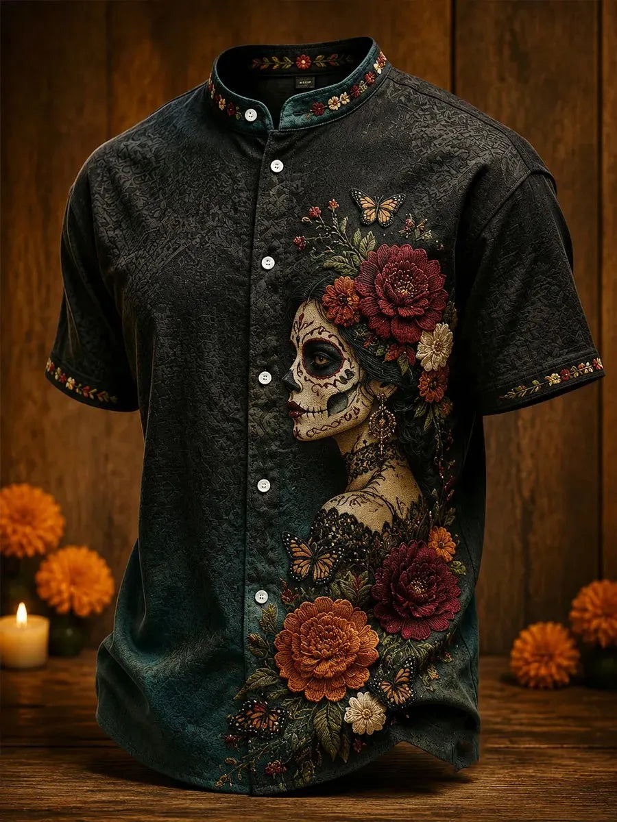 Men's Day Of The Dead Profile Catrina Portrait With Floral And Butterflies Print Stand Collar Short Sleeve Shirt