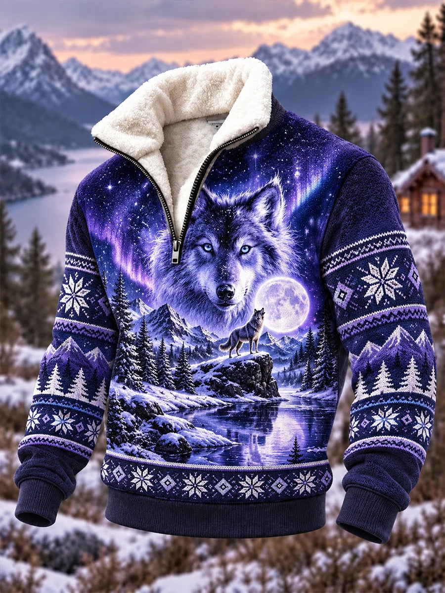 Men's Nordic Forest Animal Fleece-Lined Half-Zip Sweatshirt