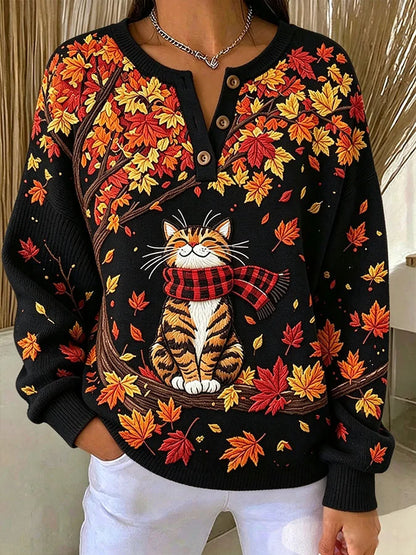 Women's Casual Print Button-Up Collar Knit Top