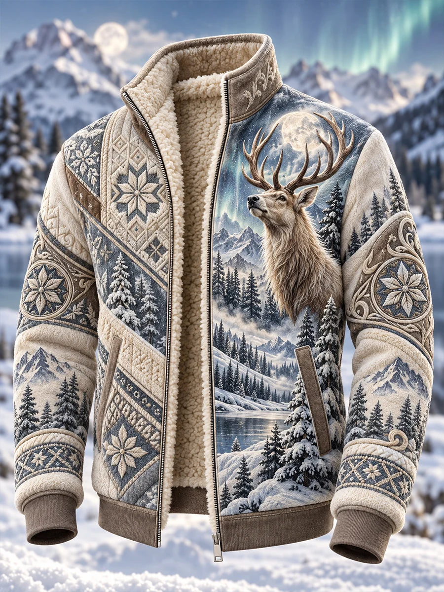 Men's Nordic Forest Animal Fleece-Lined Stand-Collar Jacket
