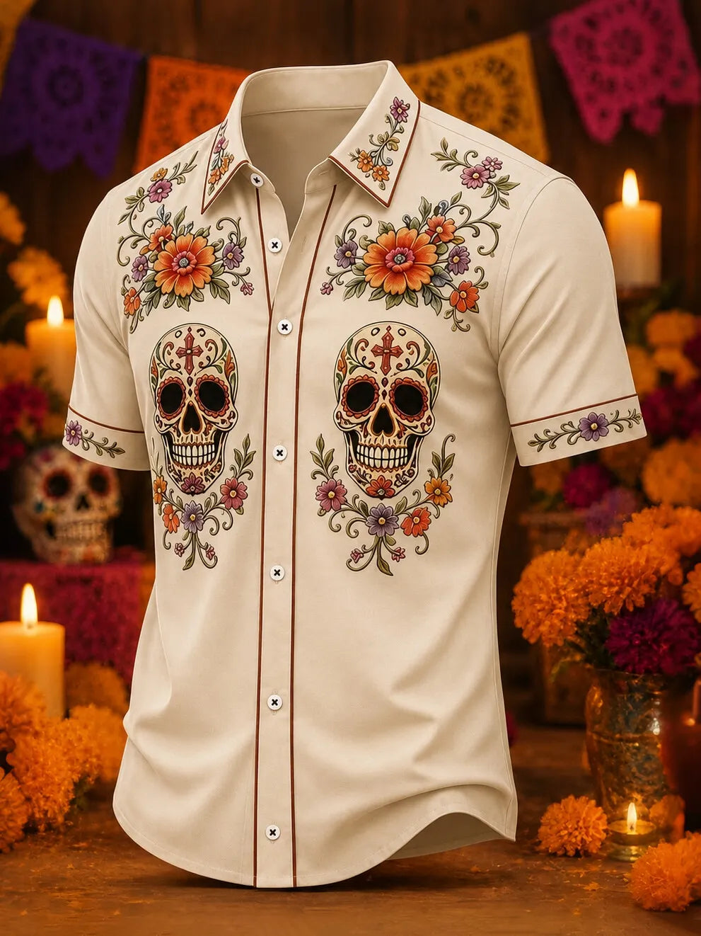 Men'S Day Of The Dead Print Short Sleeve Buttons Shirt