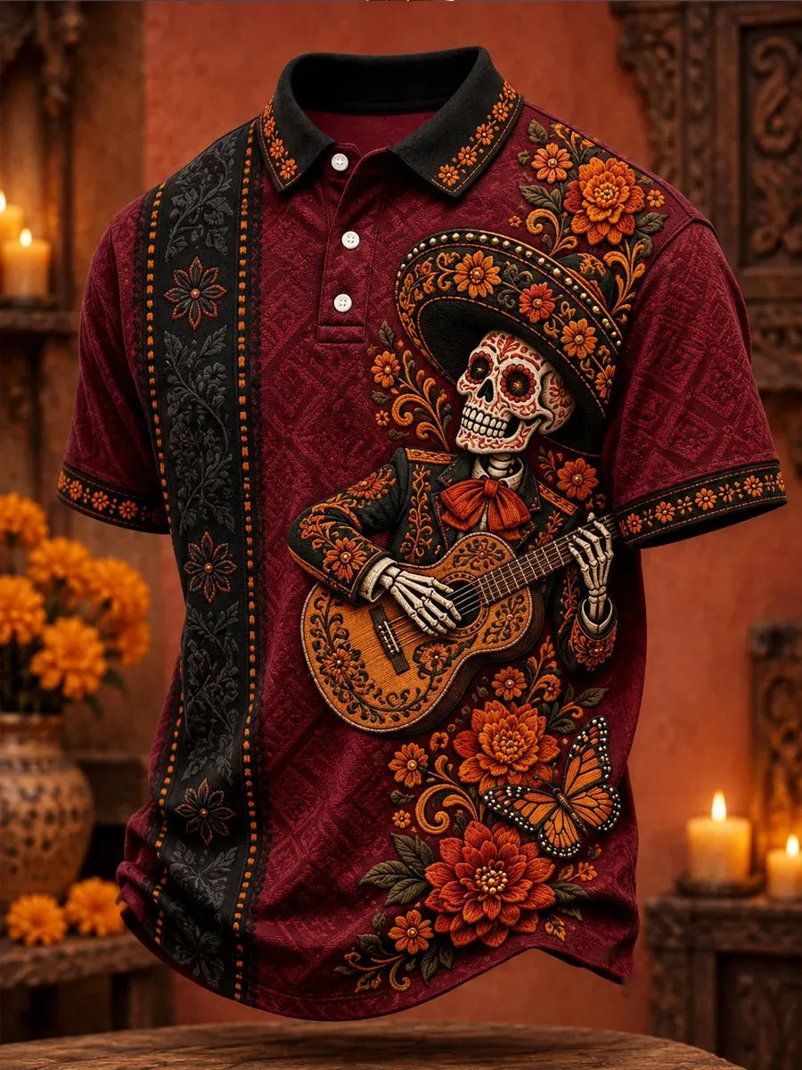 Men's Day Of The Dead Skull Guitarist Flowers Print Short Sleeve Polo Shirt