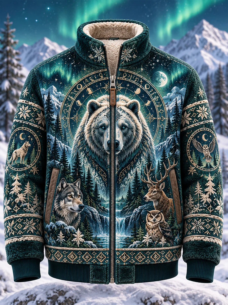 Men's Nordic Forest Animal Fleece-Lined Stand-Collar Jacket