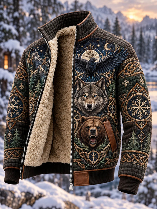 Men's Nordic Forest Animal Print Fleece-Lined Stand-Collar Jacket
