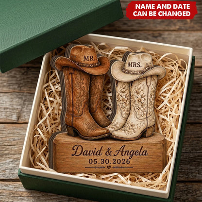 Custom Wooden Wedding Plaque - Personalized Mr Mrs Boots Gift For Anniversary Couple