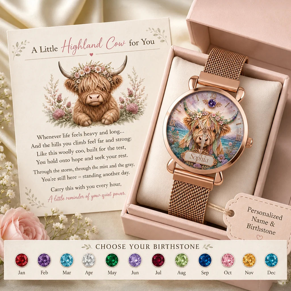 Custom Highland Cow Sea Glass Watch - Personalized Name & Birthstone Gifts For Women - A Little Highland Cow For You