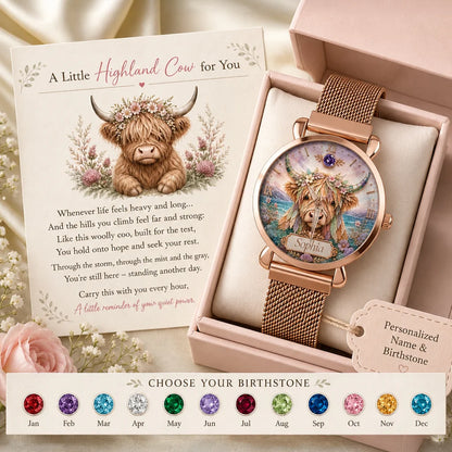 Custom Highland Cow Sea Glass Watch - Personalized Name & Birthstone Gifts For Women - A Little Highland Cow For You