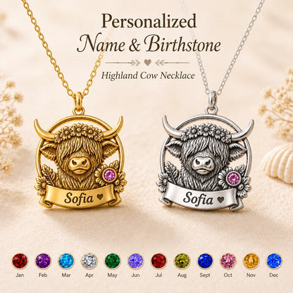 Custom Metal Highland Cow Necklace - Personalized Name And Birthstone Gift For Her
