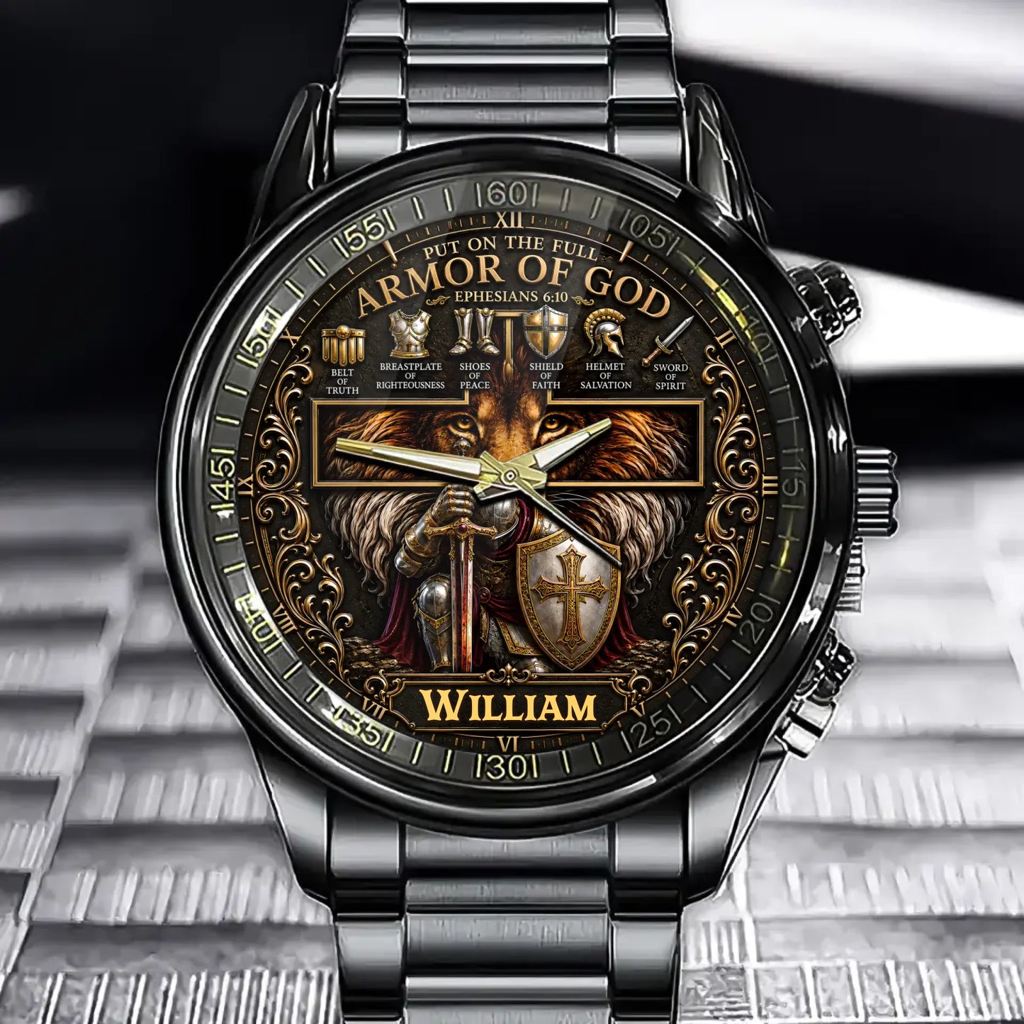 Custom Armor of God Watch - Personalized Christian Lion Watch with Custom Name - Ephesians 6:10 Faith Gift for Men