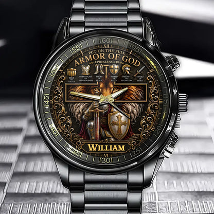 Custom Armor of God Watch - Personalized Christian Lion Watch with Custom Name - Ephesians 6:10 Faith Gift for Men