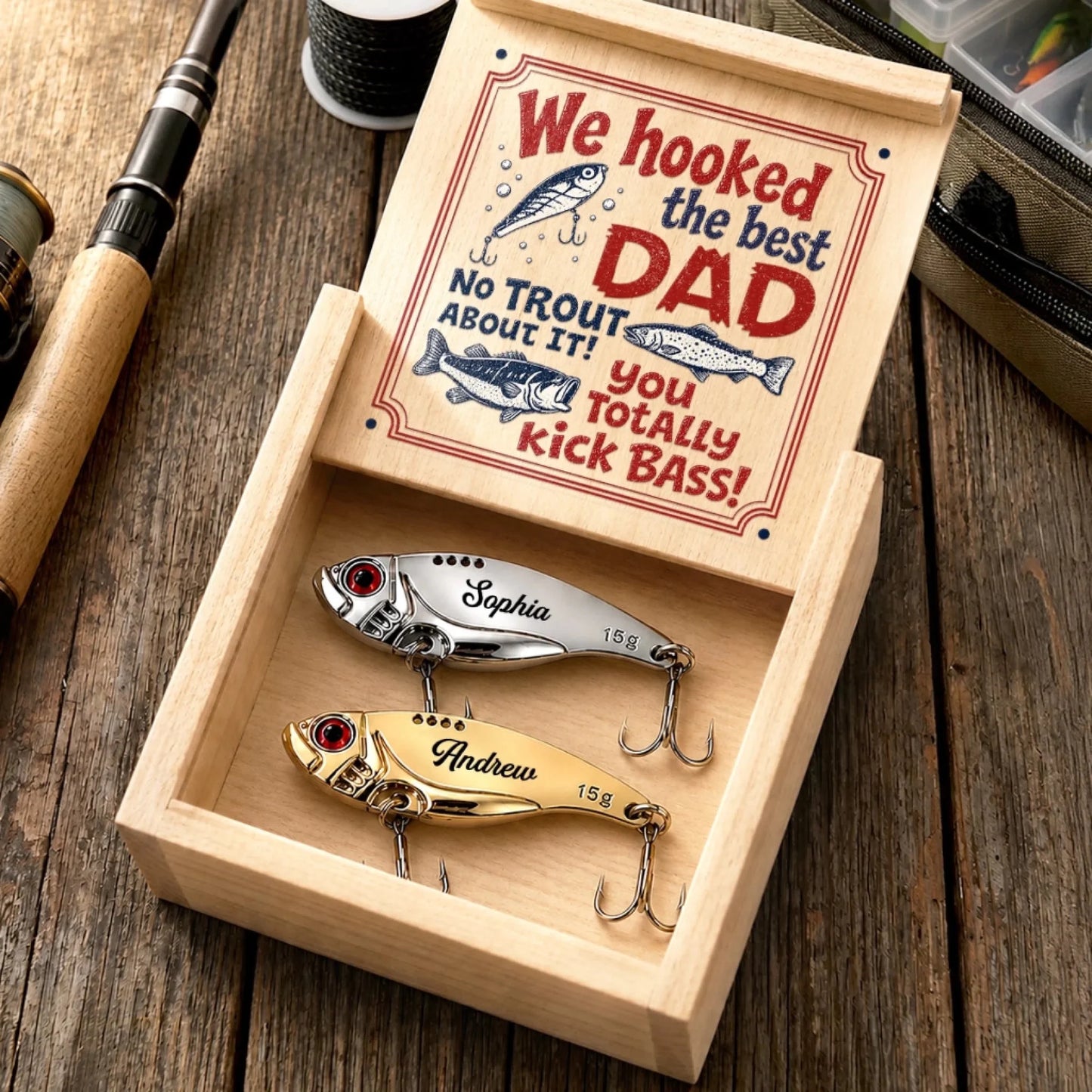 Custom Fishing Lure Gift Box - Personalized Father's Day Fishing Gift - Hooked The Best Grandpa