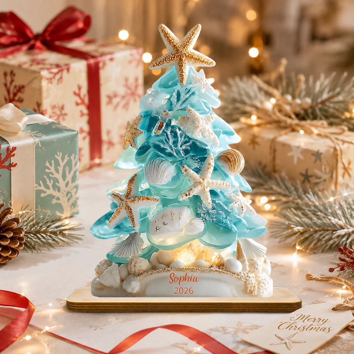 Custom Wooden Coastal Tree Ornament - Personalized Holiday Gifts For Ocean Lovers - Christmas By The Shore