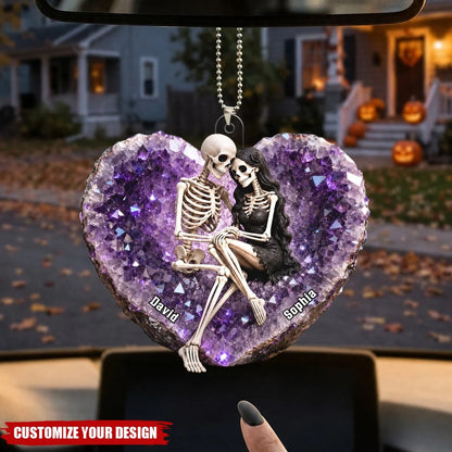 Custom Acrylic Skeleton Couple Car Ornament - Personalized Halloween Gifts For Couples - Love Beyond The Grave