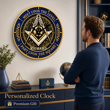Custom Masonic Wooden Wall Clock - Personalized Freemason Gifts For Lodge Brothers, Dad & Husband - Meet Upon The Level