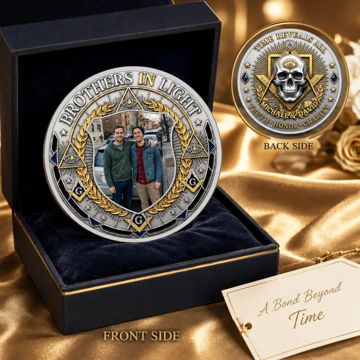 Custom Photo & Name Masonic Coin - Personalized Freemason Gifts For Lodge Brothers - Brotherhood In Every Memory