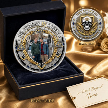 Custom Photo & Name Masonic Coin - Personalized Freemason Gifts For Lodge Brothers - Brotherhood In Every Memory