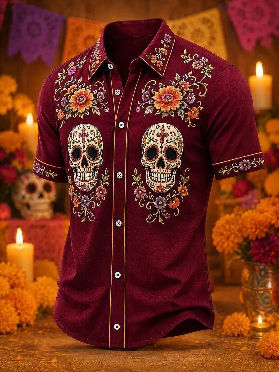 Men'S Day Of The Dead Print Short Sleeve Buttons Shirt