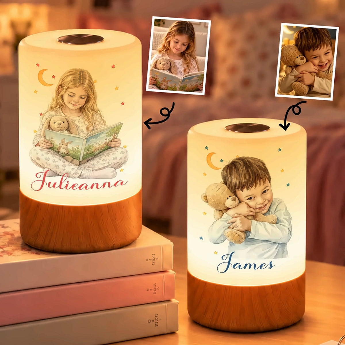 Custom Kids Night Light - Personalized Watercolor Photo & Name Gift - Sweet Dreams Under The Stars