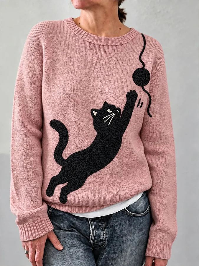 Women'S Cute Black Cat Print Comfortable Knit Sweater