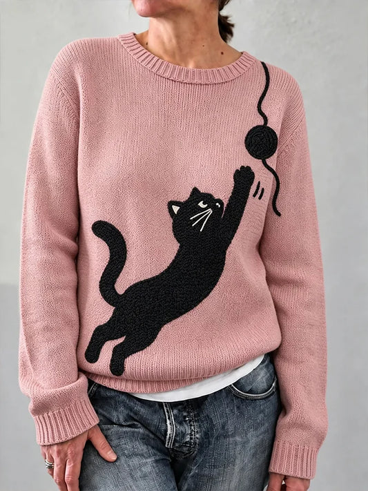 Women'S Cute Black Cat Print Comfortable Knit Sweater
