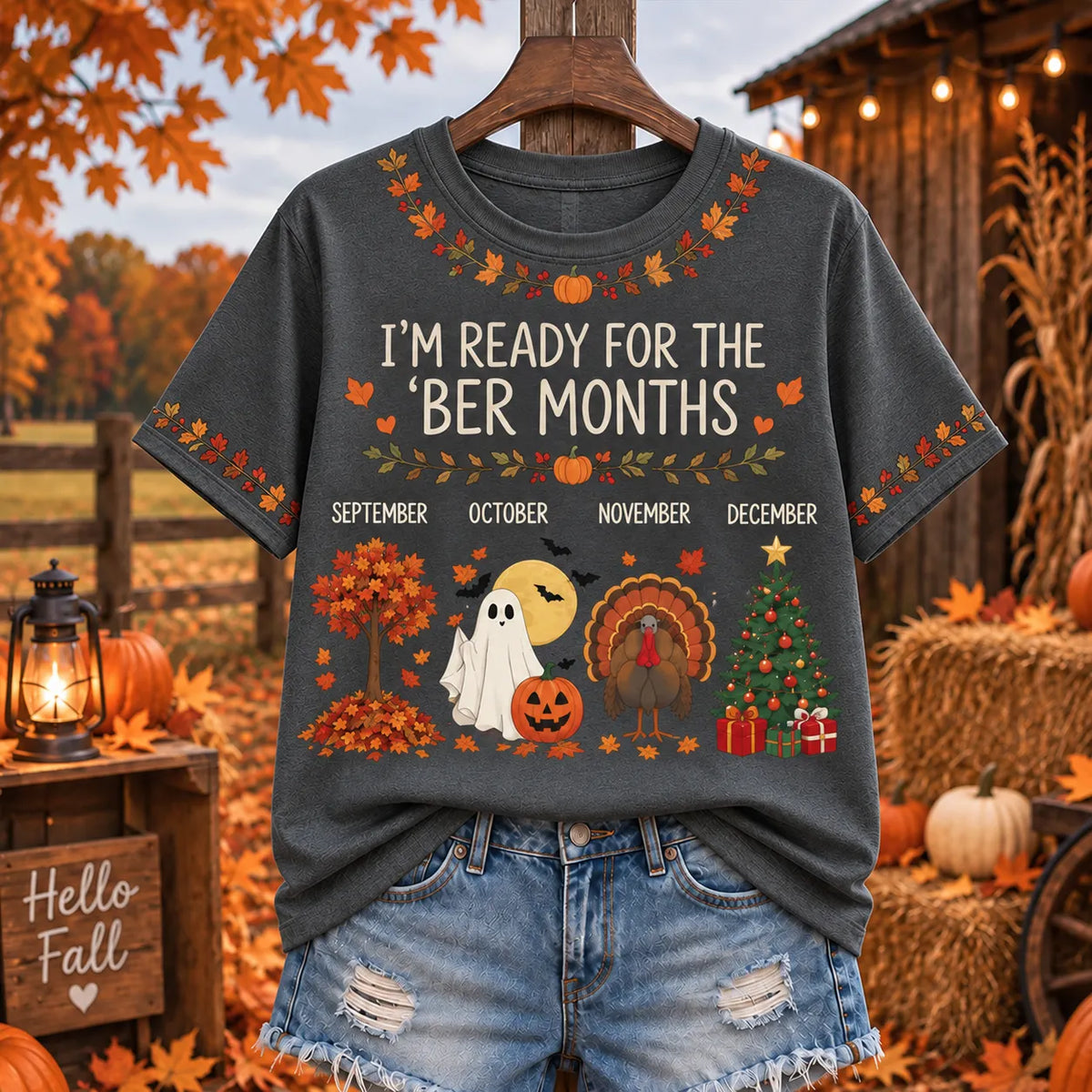 Women's "i'm Ready For The 'ber Months" Seasonal Foliage Ghost Turkey And Christmas Tree Graphic T-shirt