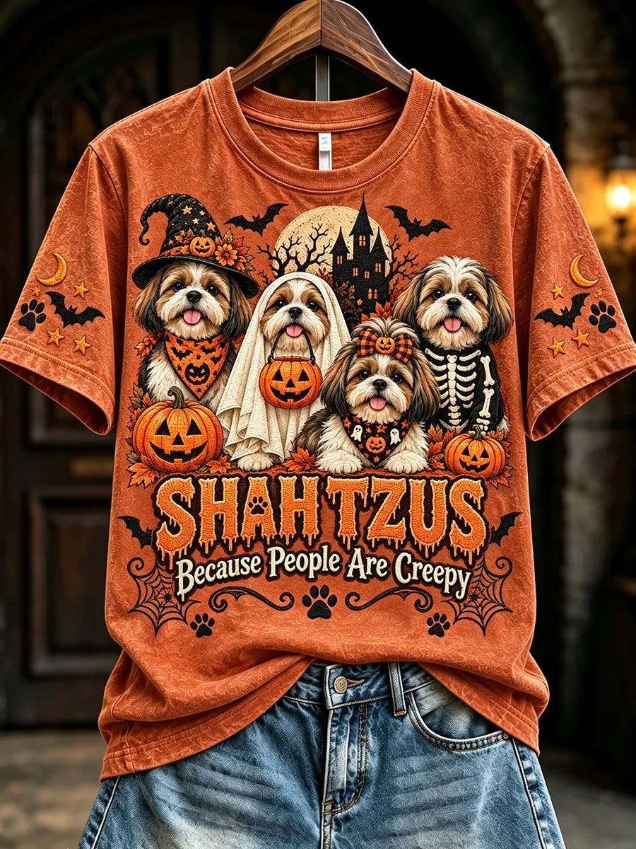 Women's Vintage Halloween Shih Tzus Because People Are Creepy Print Short-sleeved T-shirt