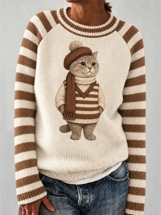 Women's Cute Winter Cat Print Knit Top