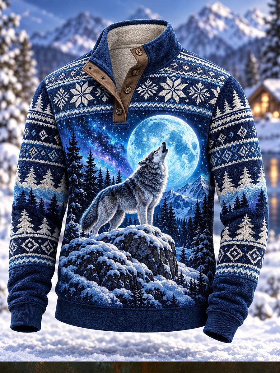 Men's Nordic Forest Animal Four-Button Hoodie
