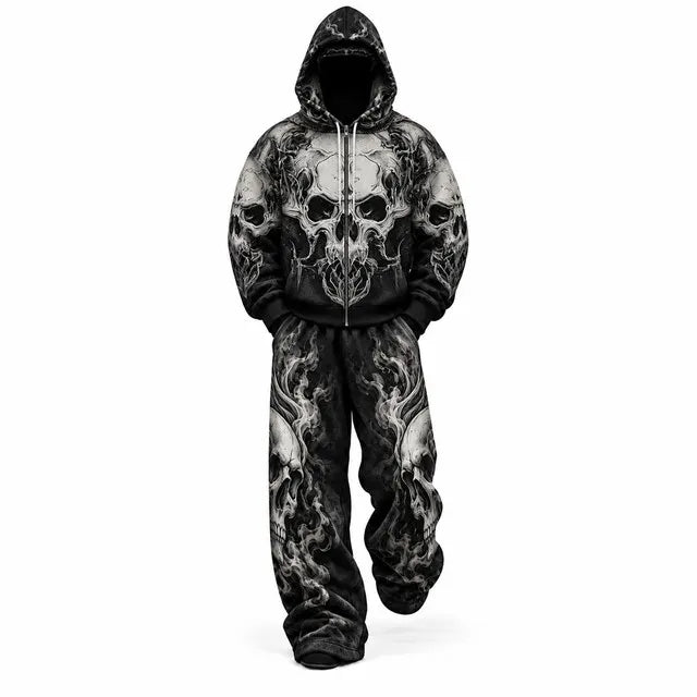 Black Gothic Skull Flame Mask Hoodie Tracksuit Set