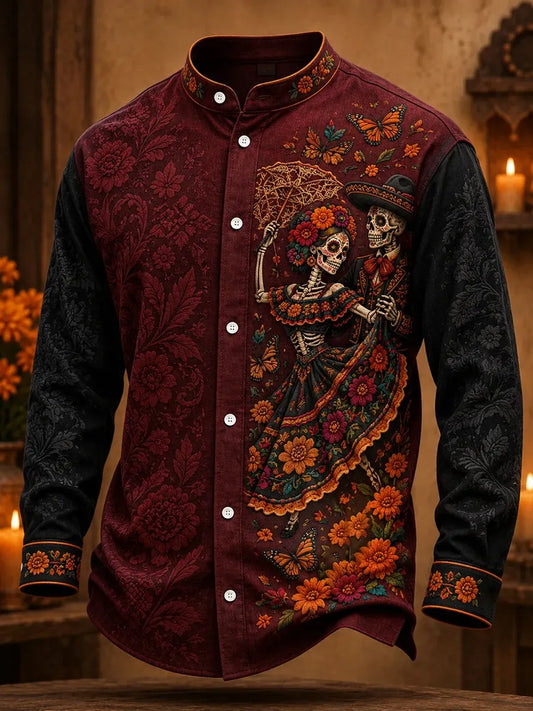 Men's Day of The Dead Dancing Skeleton Couple With Lace Parasol Print Long Sleeve Shirt