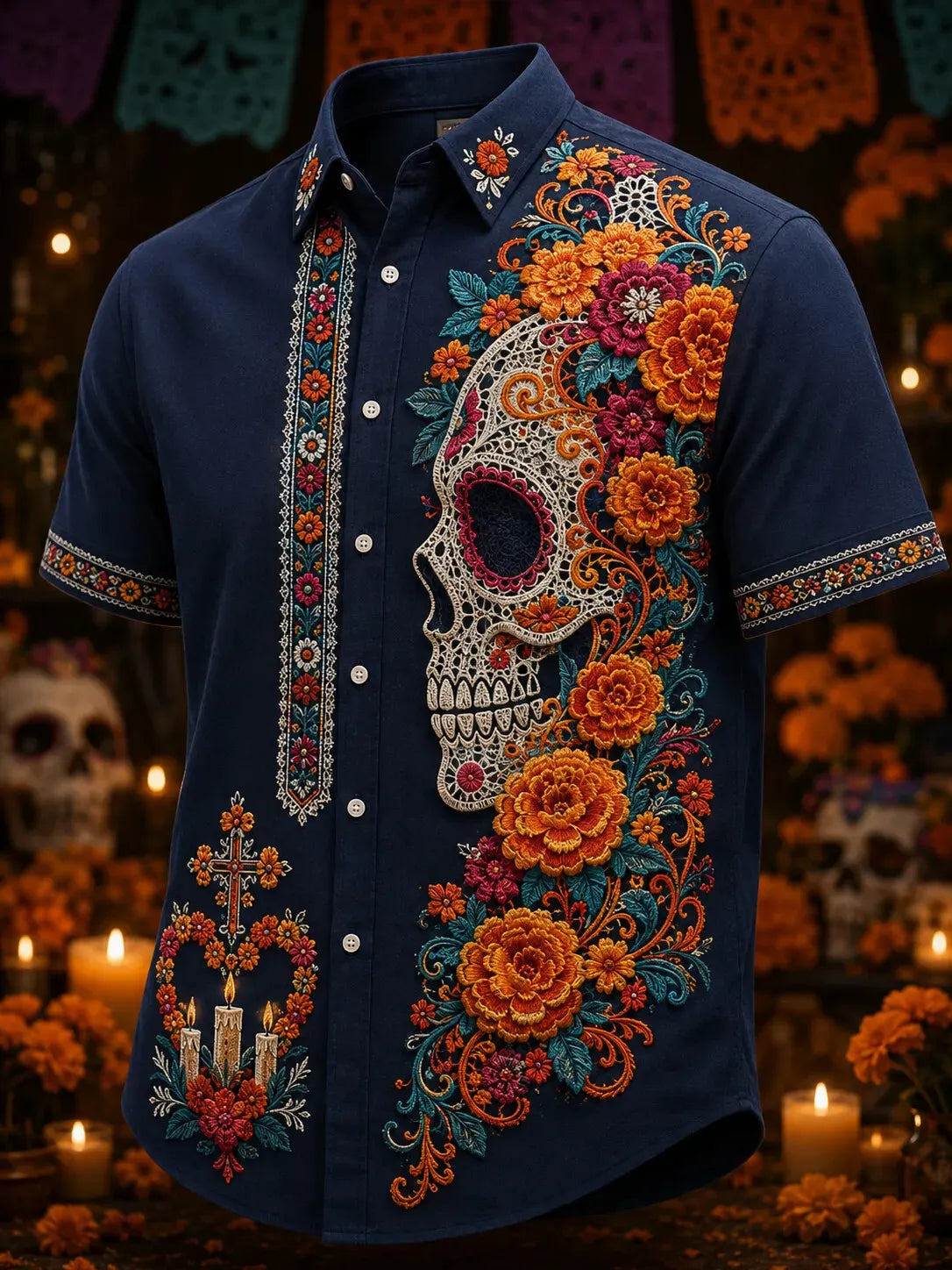 Men's Day Of The Dead Profile Skull Heart Ornament Marigold Print Short Sleeve Buttons Shirt